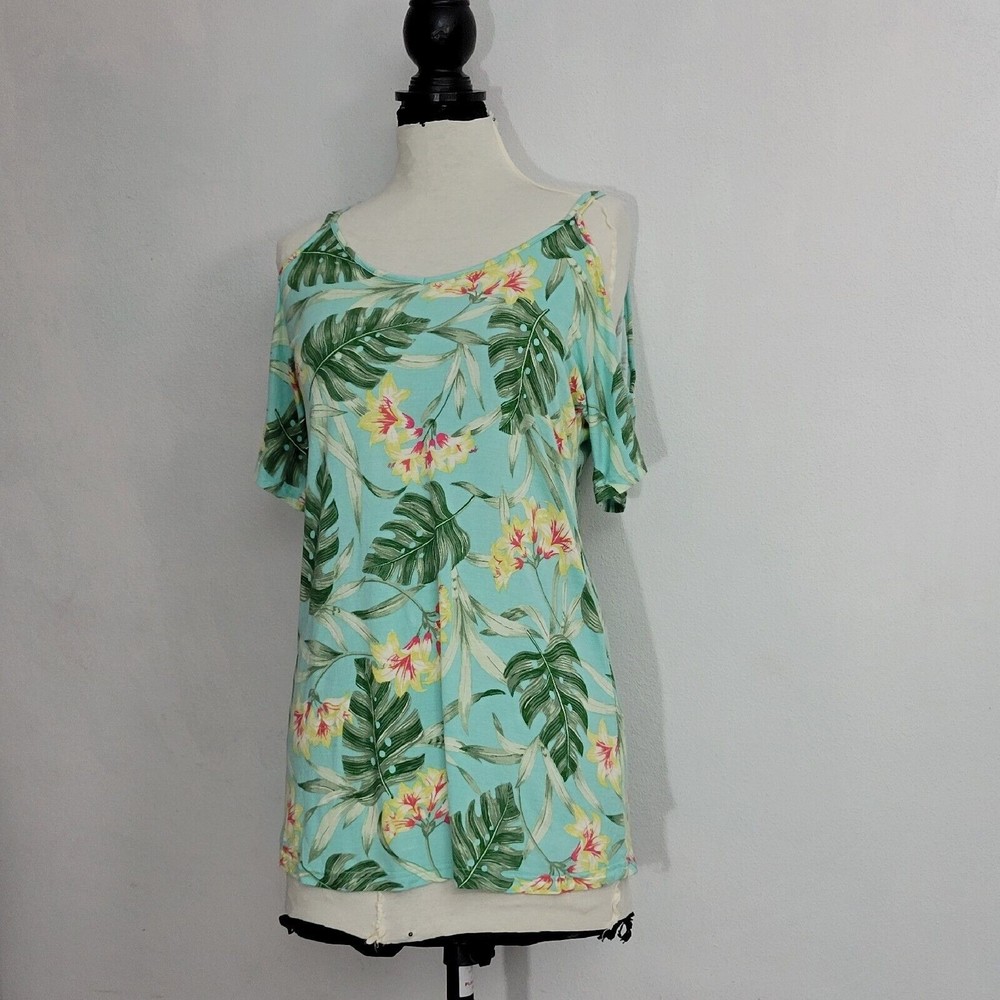 Caribbean Joe Women's  Off The  Shouder  Floral T Shirt Sz M
